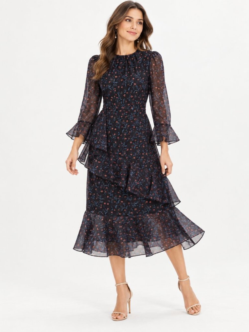 Tuckernuck Sasha Midnight Oleander Floral Ruffle Midi Dress M NWT